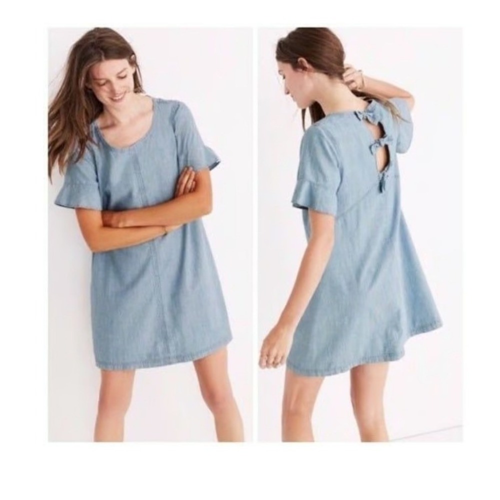 Madewell Chambray Bow Back Ruffle Sleeve Shift‎ Dress Light Blue Cotton S CASUAL